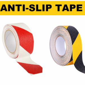 Red and white and black and yellow hazard stripe anti-slip tape rolls